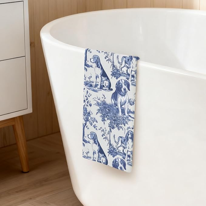 Beagle French Kitchen Dish Towels,Blue and White Floral Dog Towel Dish Tea Towels, Chinoiserie Decor for Kitchen Bathroom,Grandmillennial Gifts for Dog Lover Mom Dad,16x24 Inch