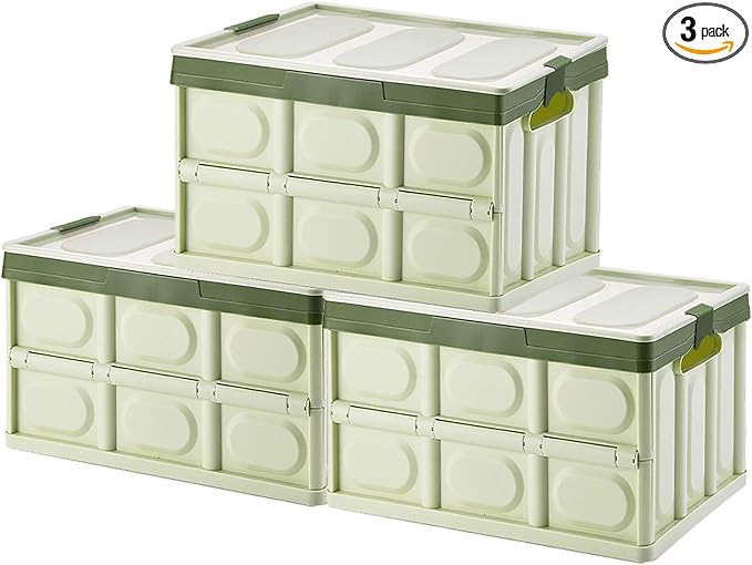 Phyllia Foldable Storage Boxes with Lids, 3 Pack Collapsible Plastic Storage Bins Organizer Containers Baskets Cub with Cover,Stackable Utility Crates Storage Box (Green, 30L)