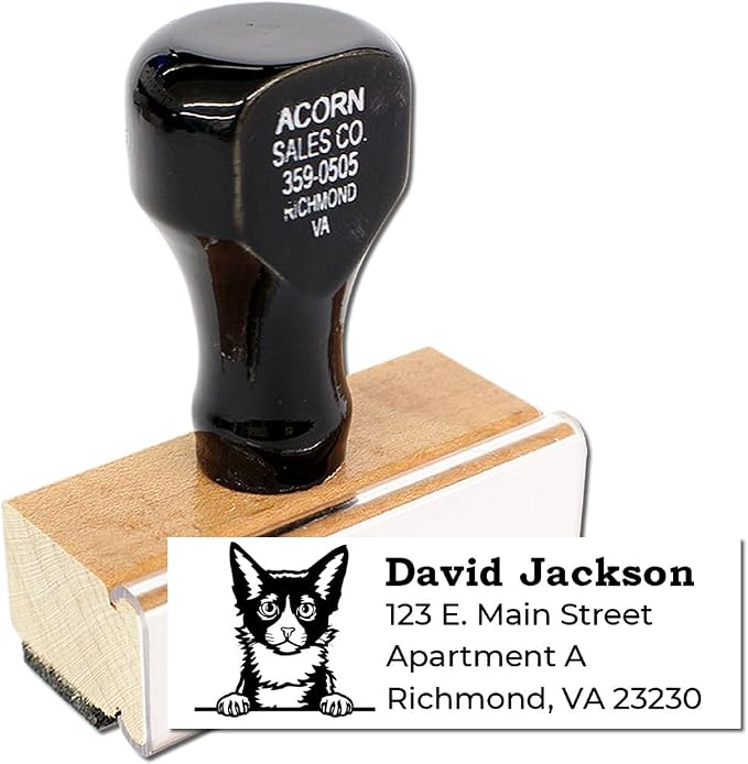 Peeking LaPerm Cat Wood Handle Address Stamp - Custom Rubber Stamp | Any standard pad works. Envelope Stamp with LaPerm Cat Design. Rubber Address Stamp for Pet Sitters Personalized. 4 lines.