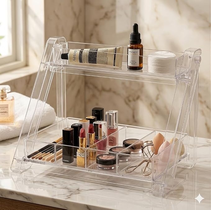 Clear 2-Tier Desktop Organizer with Drawers & Compartments