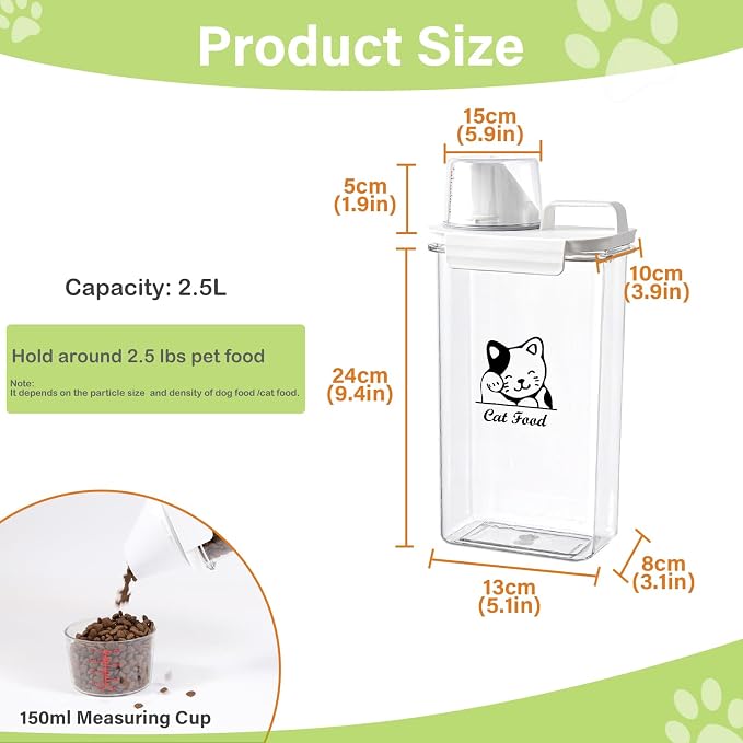 Cat Food Storage Container Small |3lb/2.5 L Clear Plastic Cat Food Treats Container Airtight with Measuring Cup|Portable Pet Food Containers Ideal for Travel| Easy Pour|BPA Free