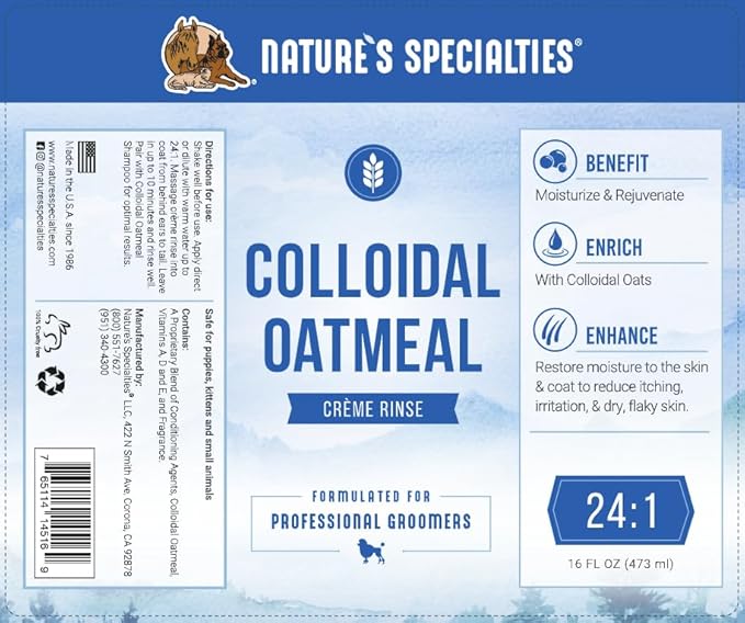 Nature's Specialties Colloidal Oatmeal Creme Rinse Ultra Concentrated Conditioner for Pets, Makes up to 6 Gallons, Relief for Dry Flaky Skin, Made in USA, 32 oz