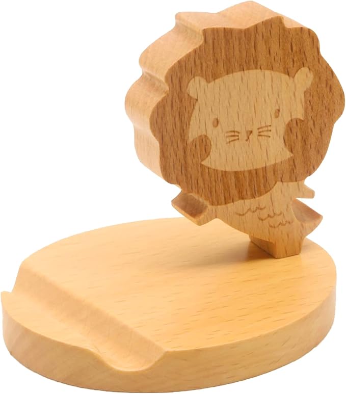 Cell Phone Tablet Wooden Stand Dock Holder Cradle Mount Organizer Charger Station Table Desk Room Office School Kitchen Non-Slip Wood (Lion)