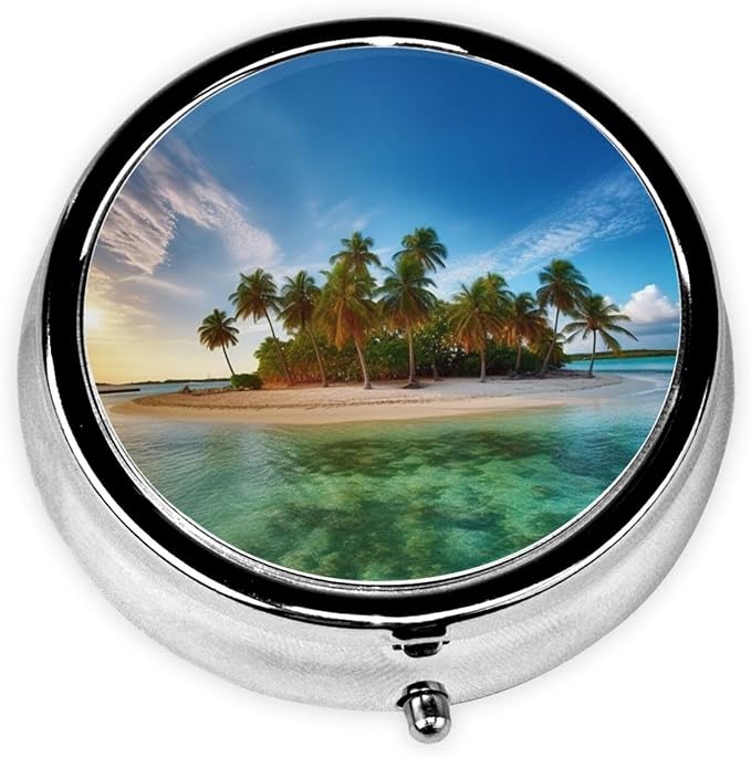 Round Pill Box Overseas Islands Pill Case for Purse & Pocket 3 Compartment Pill Organizer Portable Travel Pillbox Medicine Pill Holder Container for Daily Vitamin Cod Liver Oil Storage