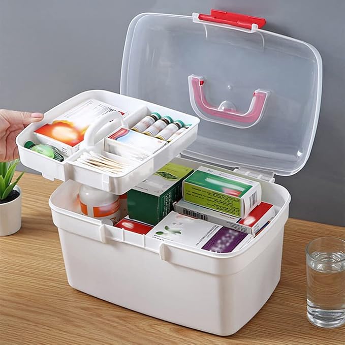 Eforcase Storage Organizer - Medicine Box Plastic First Aid Box Empty - Family Emergency Kit Medication Storage Organizer with Handle Medicine Cabinet Storage Pill Case Durable Organizer Box Bins