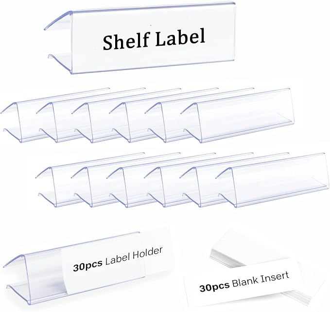 30pcs Plastic Shelf Label Holder, Clear Shelf Label Holder Wood Sign and Tag Ticket Label Holders Clips On to Shelves Thick Shelves with Matched Blank Inserts