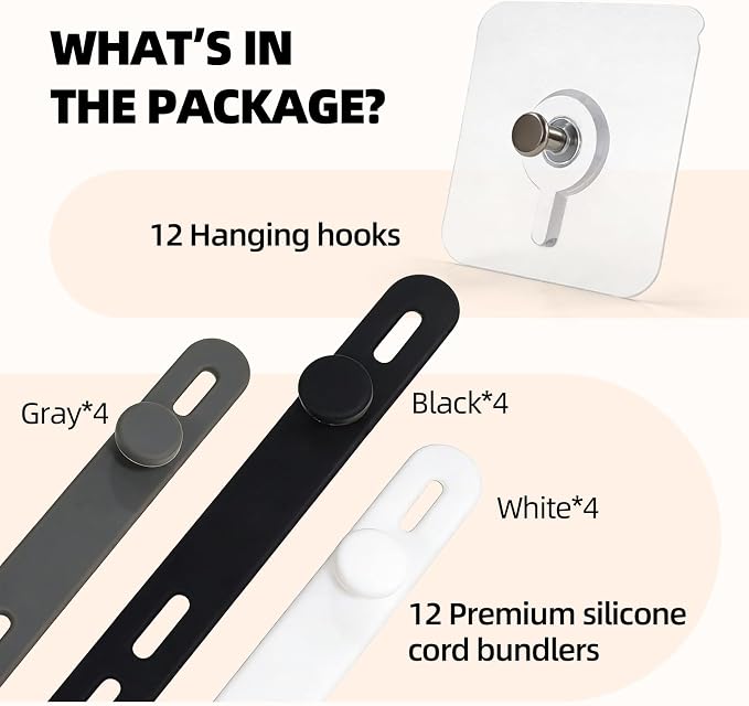 Cable Organizer - Give Every Cord a Home So It's Easy to Find and Grab | 12 Strong Adhesive Hooks + 12 Reusable Silicone Ties, No-Drill Setup for Desks, Kitchens & Thick Power Cords