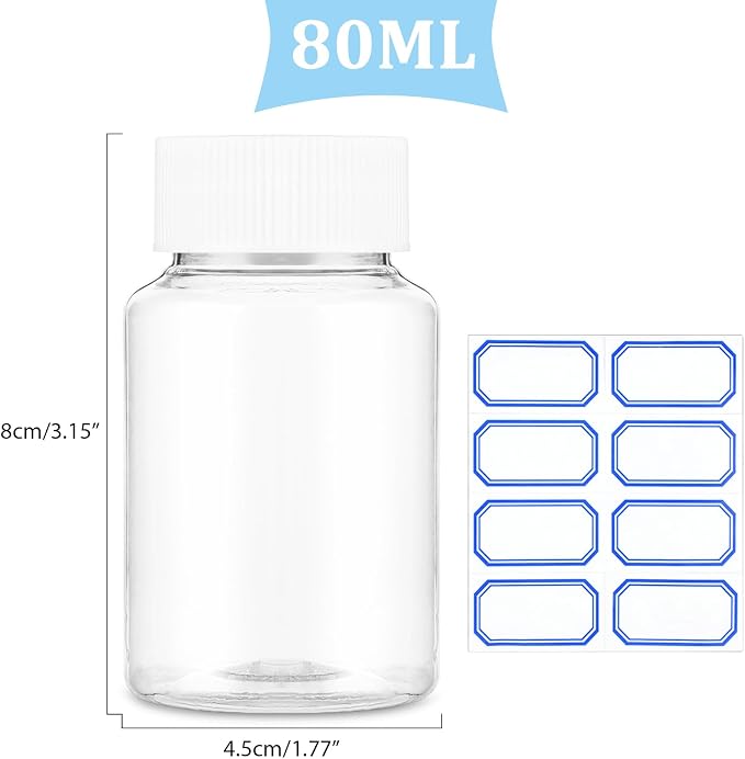 Sibba Clear Pill Bottle 6 Pcs Empty Medicine Organizers 80ML Plastic Dispenser Jar Powder Storage Transparent Reagent Containers Leak Proof Caps Receptacle Large Bottles Fit Home Counter Toiletries