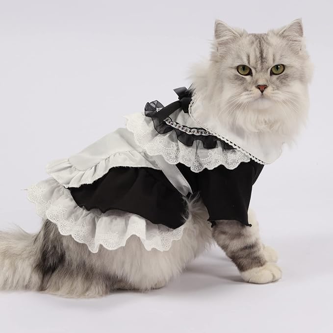 Pet Maid Outfit Cat Princess Dresses Adorable Costume with Headwear for Cats Dogs Birthday Party Black S