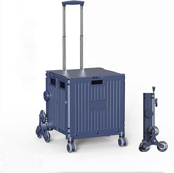 Collapsible Wheeled Crate with Lid,Folding Utility Cart Portable Rolling Crate Handcart,asket on 4 Rotate Wheels,Can Climb Stairs,Heavy Loads and Easy Storage Purple 40x43.5x101cm (Ladder Version)