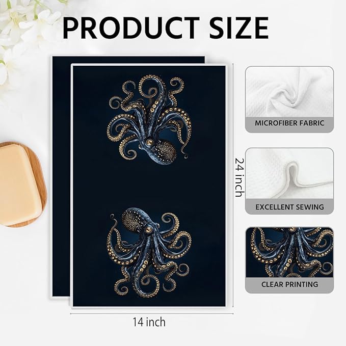 2PCS Goth Octopus Kitchen Towels 14x24 Inch, Absorbent Microfiber Decorative Dish Cloth Tea Towel, Dark Style Octopus Waffle Hand Towels for Kitchen Home Bathroom, Housewarming Gifts for Women