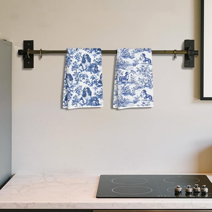 2 Pcs Chinoiserie Cavalier King Charles Spaniel Kitchen Towels 14x24 Inch, Blue and White Floral Dachshund Decorative Dish Tea Towels, Grand Millenial Botanical Dog Hand Towels for Kitchen Bathroom