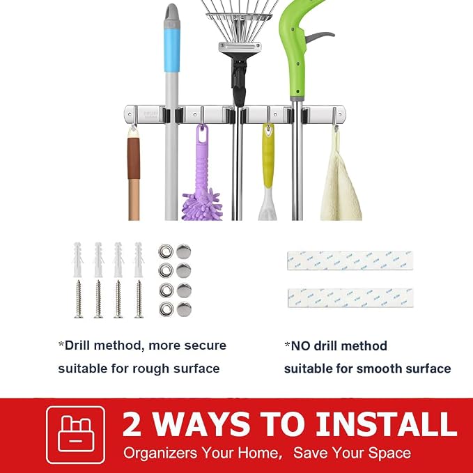 IMILLET Broom Holder Wall Mount Stainless Steel Mop Organizer | 3 Racks 4 Hooks Heavy Duty Garage Organization Storage,Broom and Mop Organizer Wall Hanging Self Adhesive for Laundry Room