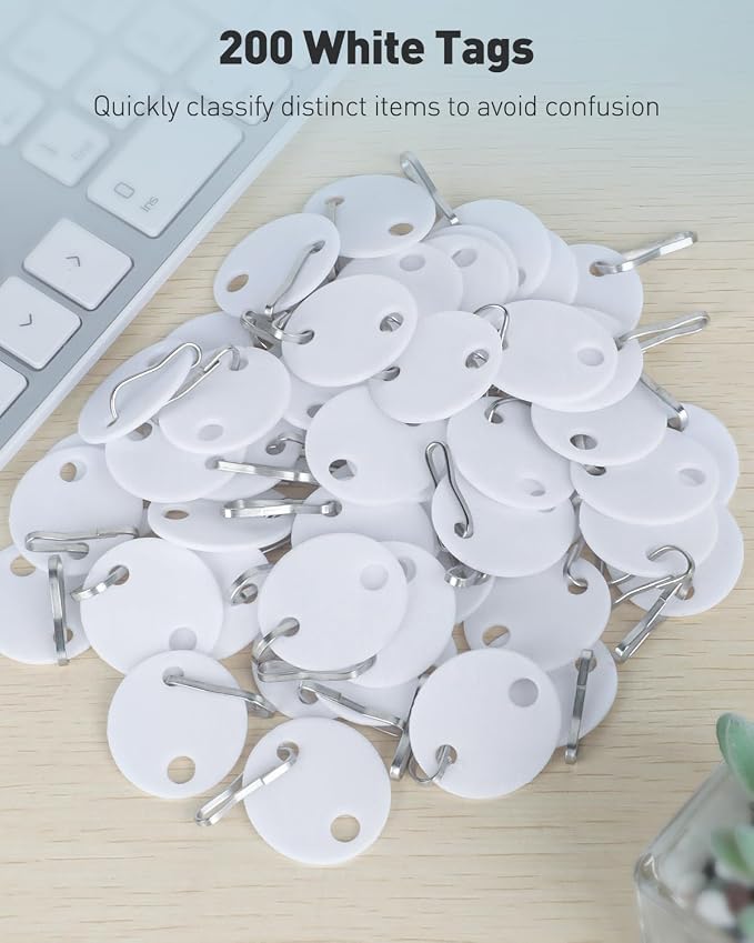 Uniclife 200 Pcs Key Tags 1 Inch Plastic Key Chain Tags with Metal Snap Hooks Double-Sided Writable White Tags Sturdy Key Item Identifiers for Home and Office