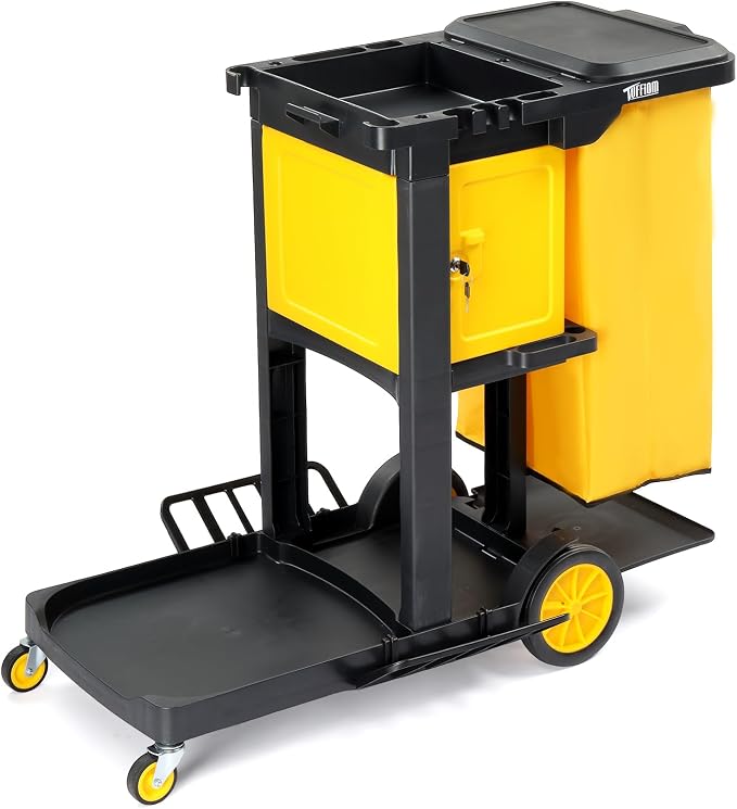 TUFFIOM Janitorial Cart with Key-Locking Cabinet, 3-Shelf Commercial Cleaning Cart, Housekeeping Caddy with Locker,Wheeled with Yellow Vinyl Bag, Black, Great for Hotel, Stores, Schools, and Business