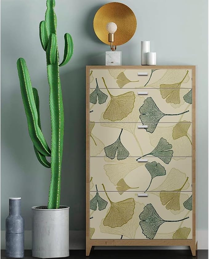 2Pack Drawer Shelf Liners Ginkgo Leaf Self-Adhesive Furniture Lining Papers Sheet Waterproof Wallpapers Roll 18 inch Wide