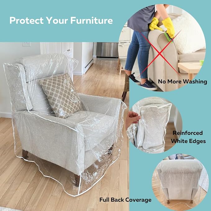 Evelots 2-Pack Clear Vinyl Recliner Covers, Spill-Resistant Protectors | Shields Furniture From Pet Claws, Stains, Dust and Spills, With a Durable Waterproof Design for Everyday Use or Home Storage.