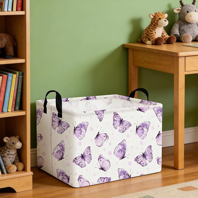 Rectangular Purple butterfly basket,Books Storage Basket,Collapsible Storage Bin,Cute Organizer Toy Bin,Butterfly Room Decor,Gift Baskets(Little purple butterfly)