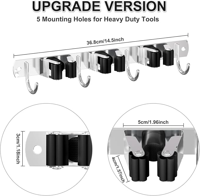 HANZENMA Broom Holder Wall Mount, Broom Organizer Wall Mount Stainless Steel Broom and Mop Hanger Heavy Duty Storage Organization for Home Kitchen Garden Garage Room 3 Racks 4 Hooks Black