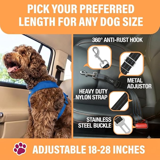 Blue Car Seat Belt for Dogs, Attaches to Harness & Collar, Adjustable 18" - 24" Travel Restraint System Fits Small - Large Pups for Safety & Comfort, Essential Pet Supplies & Accessories