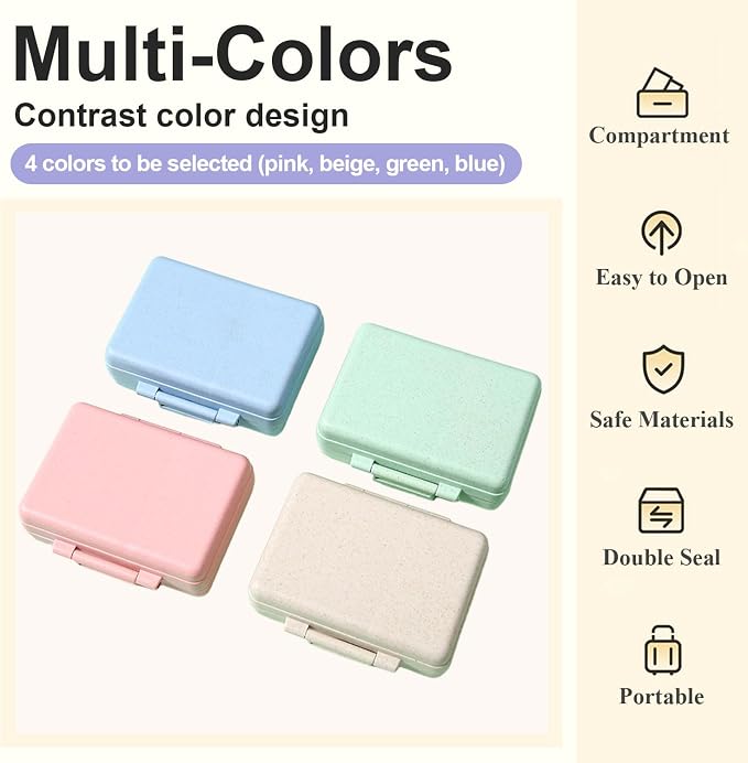 Travel Pill Organizer, 9 Compartments Portable Small Pill Box | Double Lock Daily Pill Dispenser, Made from Wheat-Straw, Hold Medicine Vitamin Supplements Fish Oils, for Travel, Work, Beige