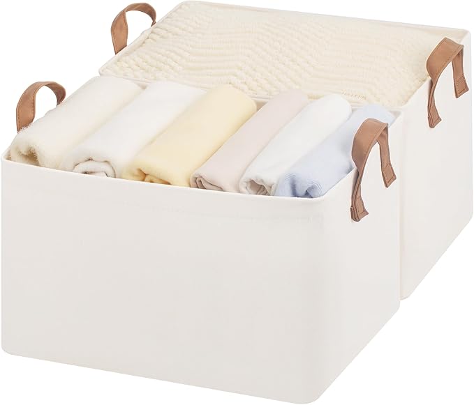 StorageWorks Storage Basket for Shelves, Storage Bins, Natural, 2-Pack | Large, With Reinforced PU Handles, Metal Frame, Sturdy Structure, Collapsible, Holds Clothes, Towels, Blankets