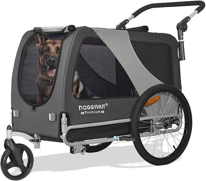 DOGGYHUT® Premium X Large Pet Bike Trailer & Stroller Up to 100 lbs (Gray) | Bicycle Trailer for Small Medium or Large Dogs, Dog Bicycle Carrier, Low Center of Gravity, Folding Frame Cart