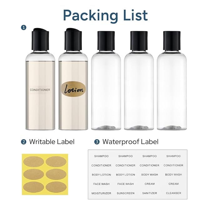 Travel Bottles for Toiletries, 3.4 oz Travel Size Containers, 5pcs, Clear | Squeezable empty plastic bottles, TSA approved, leak proof, with labels, for liquids & shampoo lotion, gym essentials