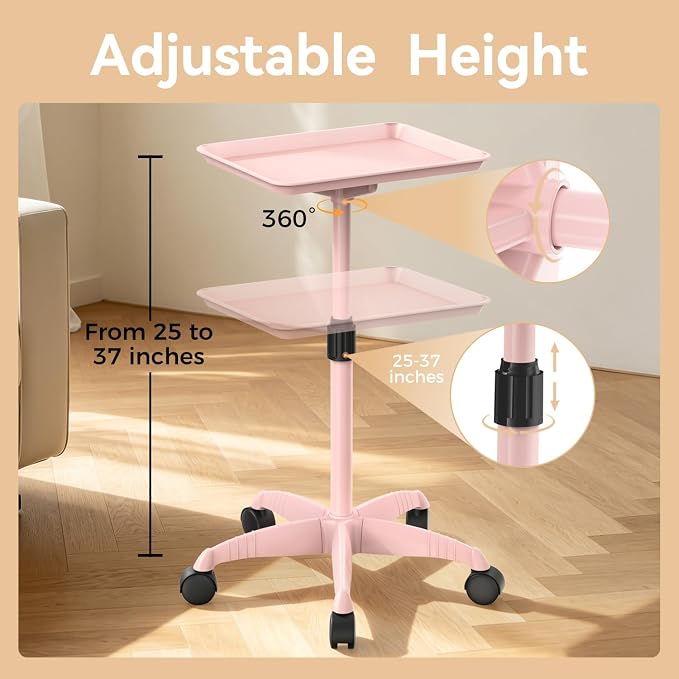 37" Rolling Salon Tray on Wheels Pink, Adjustable Height | Aluminum, Tool-Free Assembly, Stable Base, 360 Mobility, For Spa Clinic Tattoo Studio and Home Salon Use