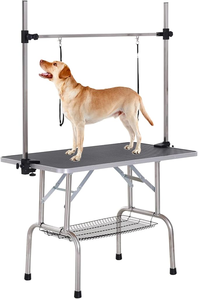 36" Pet Dog Grooming Table, Foldable Stainless Steel Frame Pet Drying Grooming Table Up to 330lbs, Professional Bathing Desk for Dogs at Home with Adjustable Overhead Arms, Noose, Mesh Tray