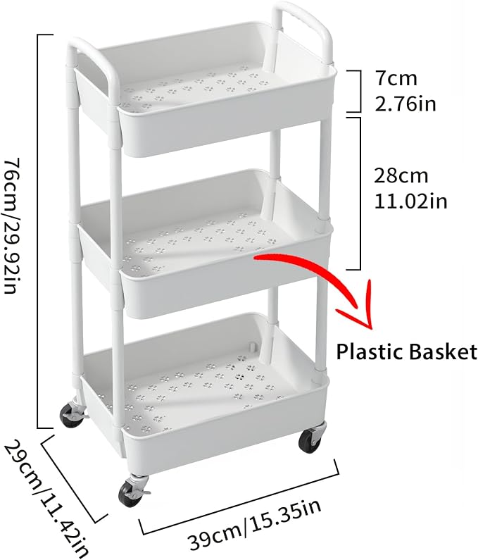 Sywhitta 3-Tier Plastic Rolling Utility Cart with Wheels for Storage,White | Multi-Functional Storage Trolley, for Office, Living Room, Kitchen, Bathroom,Movable Organizer,Space-Saving,Easy to assemble