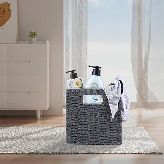 6 Pack 8.7 Inch Wicker Baskets, Paper Rope Storage Baskets | Foldable Cube Storage Bins Organizer Square Wicker Cubes for Shelves Pantry Organizing & Decor (Gray)
