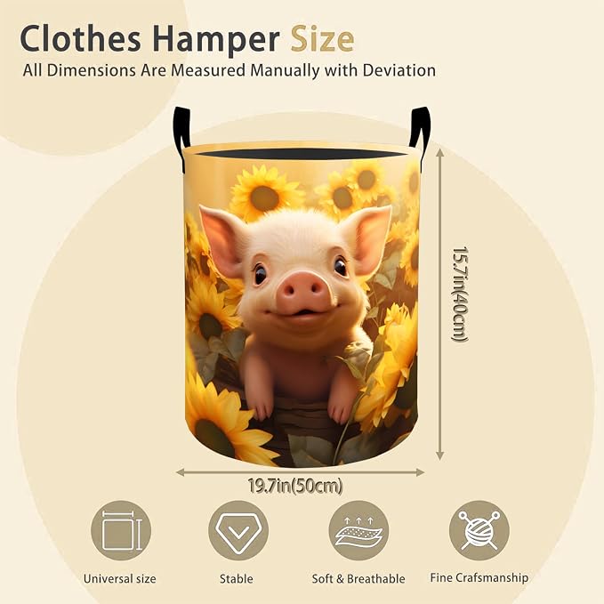 Cute Pig Face Laundry Basket Hamper for Boys Girls Kids Adults, Foldable Waterproof Oxford Clothes Storage Bin, Farm Animal Organizer for Bedroom Bathroom Room Decor 19.7"x15.8"
