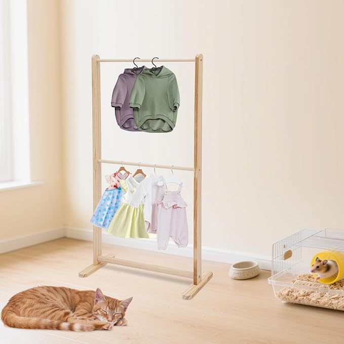 Pet Clothing Display Stand, 2 Tier 11Lbs Solid Wood Dog Garment Rack | Solid wood construction,22.24x9.45x43.31in,removable middle crossbar,slip-resistant pads,for boutique home store.