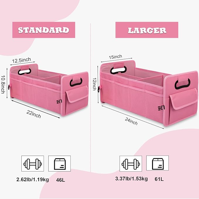 Car Trunk Organizer, Collapsible Car Organizers and Storage Large Pink | Sturdy, Strong Capacity, Clean Decor, Multi Compartment Container Box, Adjustable Car Accessories for SUV Sedan Truck