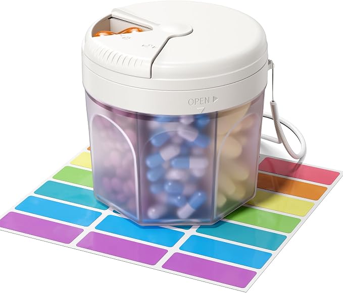 Pill Organizer with 7 Large Compartments,XL Cute Travel Pill Box BPA-Free | Anti Mixing, Large DIY Compartments for Vitamins and Fish Oil, Portable Monthly Pill Box with Labeled and Lanyards, White