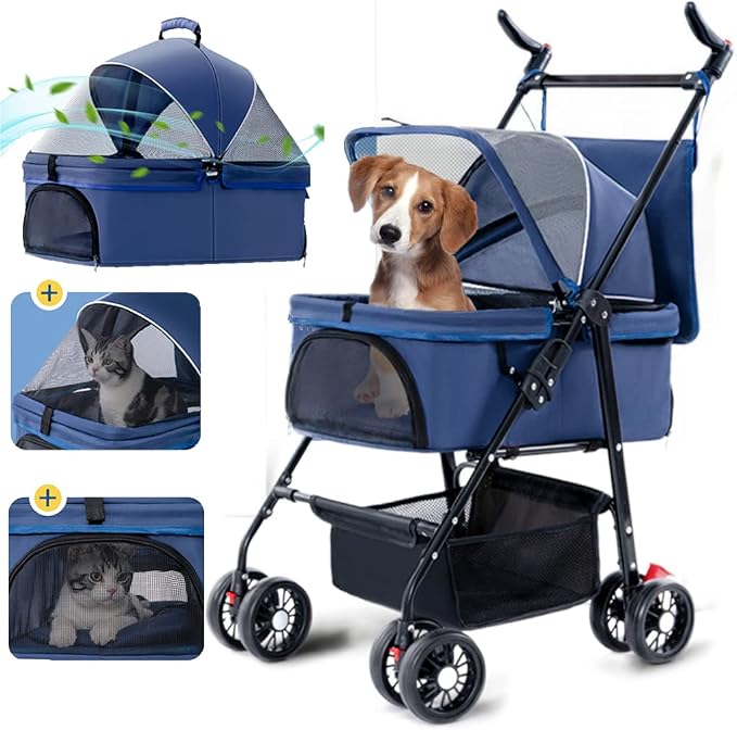 Foldable Pet Dog Stroller, Travel Dog Carrier with 4 Wheels Lightweight Dog Outing Accessories Cat Puppy Strolling Cart with Removable Liner & Storage Basket