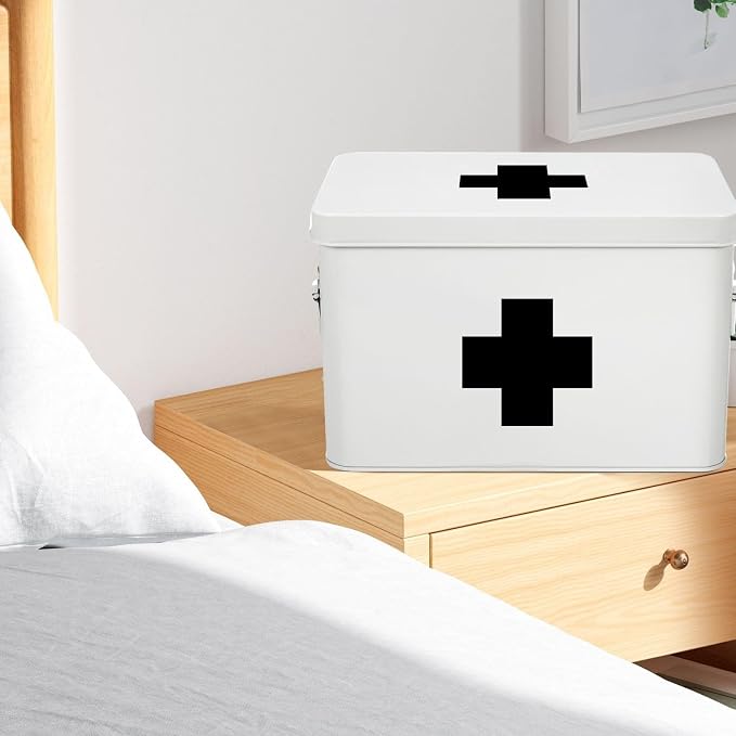 Flexzion Large Metal First Aid Box Empty, 13-Inch, White with Black Cross | Vintage Medicine Box and First Aid Storage Organizer with Removable Tray and Dividers; Empty Box Only, Supplies Not Included