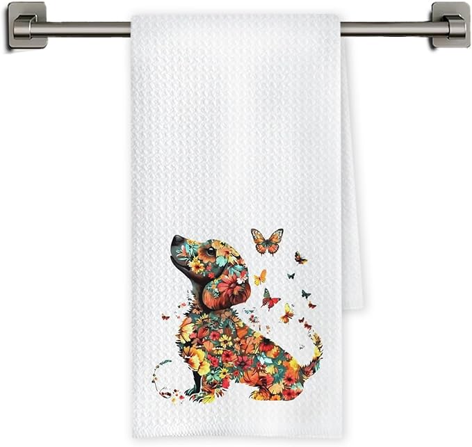Chicimln Butterfly Floral Dachshund Kitchen Towels, Gifts for Dachshund Lovers Decorative Hand Towels for Bathroom, Weiner Dog Gifts Dish Tea Towel Drying Cloth for Kitchen Decor, 16x24 Inch