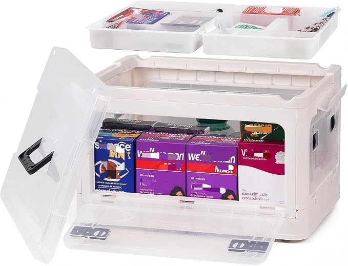HEY FOLY 30qt Medicine Organizer Storage Box with 4-Side Opening Doors, White Foldable Medication Organizer Empty, Container Case Stackable First Aid Box for Home Storage