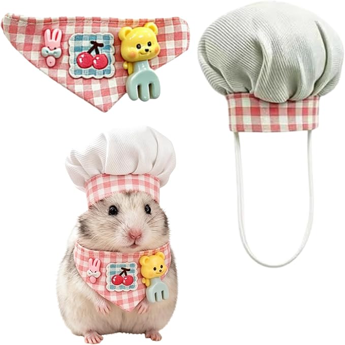 Small Pet Chef Costume Set, Hat & Bandana for Hamster Guinea Pig (Pink) | Cute Plaid Outfit Includes Chef Hat & Decorative Bandana, Soft Cotton‑Resin Material, Great for Photo Prop & Party Dress‑Up