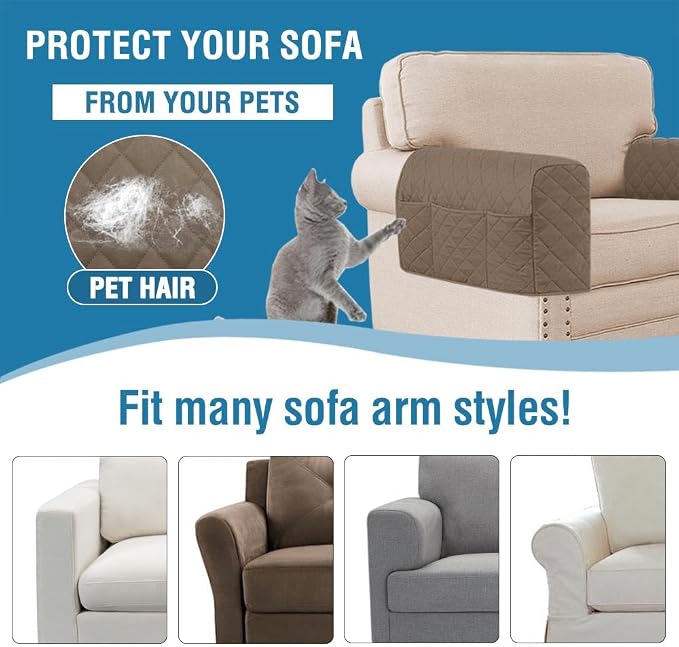 2 Pack Water Resistant Armrest Covers for Chairs and Sofas Couch Arm Covers for Sofa with 3 Pockets for Phone Sofa Arm Protector Washable for Pets, Cats (Taupe)