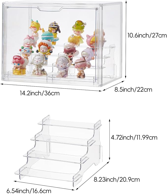 4 Tiers Clear Display Case, Plastic Storage Bins with 2 Display Risers and Magnetic Door,Stackable Display Box for Figures Showcase (XLarge -4 Tier-1 Pack)
