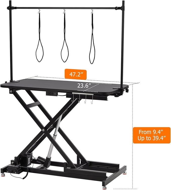47 Inch Dog Grooming Table, Electric Hydraulic Pet Grooming Table, Dog Grooming Station with Aluminium Overhead Arm, Anti Slip Tabletop, Tool Organizer, Height Adjustable, 264 LBS Capacity, Black