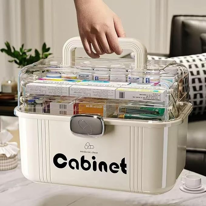 Family First Aid Medical Box - Large Capacity 3-Layer Portable Medicine Cabinet with Clear Organizer Trays, BPA-Free Plastic Storage Case for Home, Travel, Emergency Supplies (White)