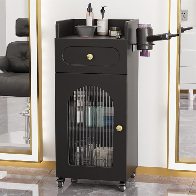 Salon Cart with Wheels & Adjustable Shelf, Black 3-Tier Rolling Beauty Trolley for Hair Stylist, Barber, Esthetician, Storage Cabinet w/Glass Door & Hair Dryer Holder, Mobile Station for Spa, Tattoo