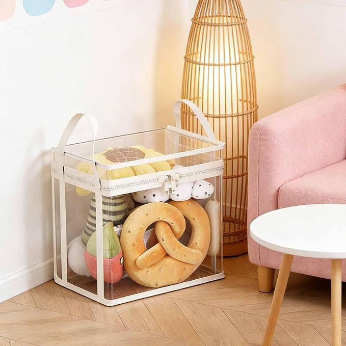 Stuffed Animal Storage PVC Organizer Bag Doll Storage Container Dustproof Box with Carrying Handle for Playroom Living Room Children's Birth (Cream White)