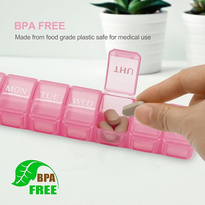 2 PCS Large Weekly Pill Organizer, 7 Day Daily Pill Box Case Easy to Open, Silkscreen Printed Medicine Container with Clear Lid for Vitamins, Fish Oils or Supplements (Pink)