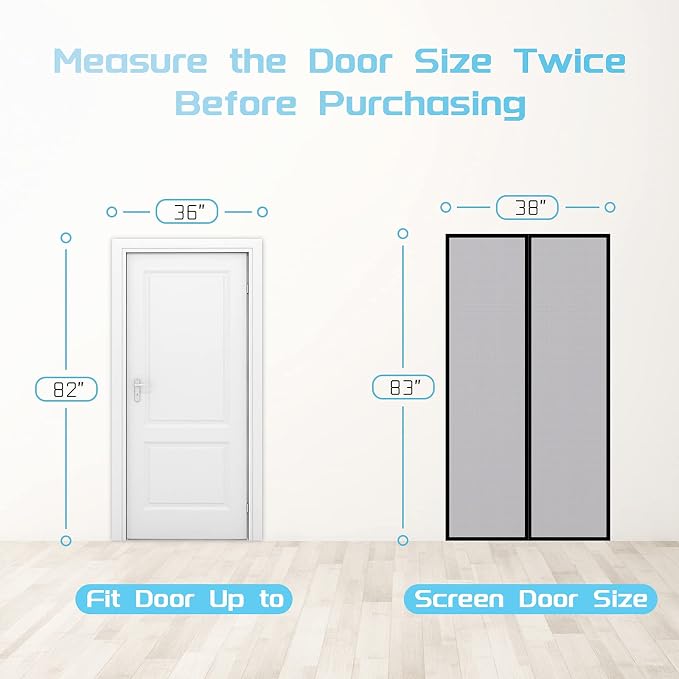 TheFitLife Fiberglass Magnetic Screen Door - Heavy Duty Mesh with Full Frame Hook and Loop Powerful Magnets That Closure Automatically, Door Screen Mesh Net | 38"x83" - Fits Doors up to 36"x82" Max, Gray, with Full Frame Hook & Loop Powerful Magnets, P...