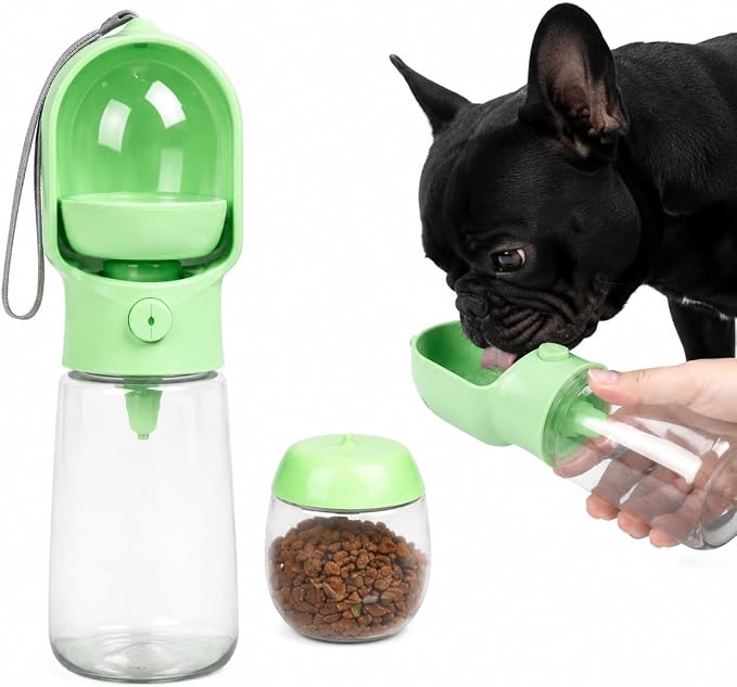 2-in-1 Dog Cat Portable Water & Food Travel Dispenser Bottle (Green) | 2-in-1 travel pet cup with 500ml water & 180ml food storage, leak-proof portable feeder for dog cat walking hiking trips